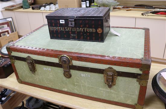 A canvas trunk and another box Trunk: W.91cm. x H.32cm. D.50cm